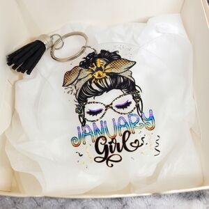 7/$10 January Girl Acrylic Keychain with Tassel, New